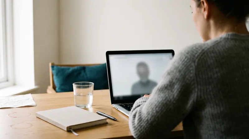 Person von hinten bei einem Videogespräch am Laptop in einem hellen Arbeitszimmer